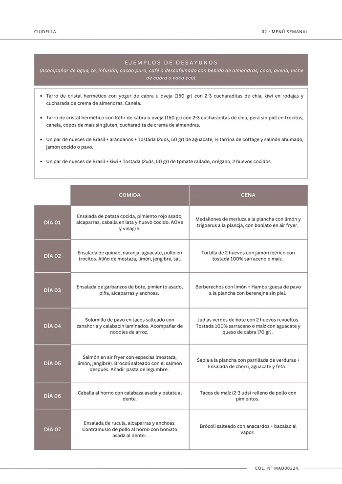 Ejemplo de menú semanal